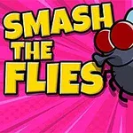Text colorat SMASH THE FLIES și o muscă mare, cu aripi albastre și ochi roșii, lângă un deget ce pare să o lovească, pe un fundal roz vibrant