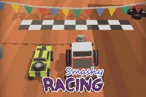 Două mașini de jucărie colorate la linia de start a unei piste, cu stegulețe decorative deasupra și textul Smashy Racing vizibil în partea de jos