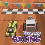 Două mașini de jucărie colorate la linia de start a unei piste, cu stegulețe decorative deasupra și textul Smashy Racing vizibil în partea de jos