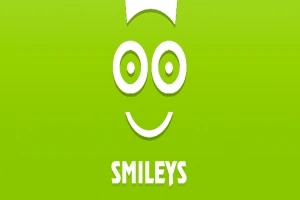 Chip zâmbitor alb pe un fundal verde cu textul „SMILEYS” dedesubt