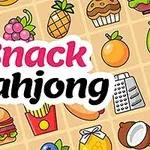 Desen cu diverse gustări și fructe colorate pe un fundal de plăci, cu textul Snack Mahjong în centru