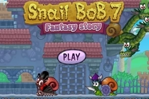 Două melci cu cochilii colorate și o creatură cu multiple capete într-un decor de poveste fantastică, fundal cu clădiri și un buton mare cu PLAY