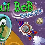 Un melc desenat cu un costum spațial ținând o stea, cu o rachetă în fundalul cosmic