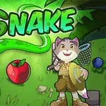 Un șarpe verde lângă un măr roșu cu un animal antropomorf îmbrăcat ca un explorator, care ține o plasă