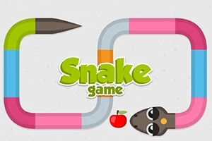 Șarpe colorat în formă de buclă cu un măr și textul Snake game în centru