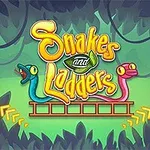 Două șerpi colorati și pioni roșii și verzi pe un fundal verde cu frunze, având în centru cuvintele Snakes and Ladders