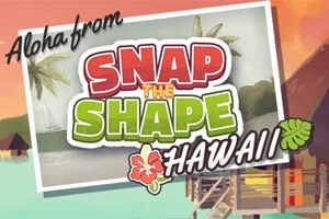 Carte poștală tropicală cu textul „Aloha from Snap the Shape Hawaii” pe un fundal de plajă cu palmieri și cabane