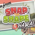 Carte poștală tropicală cu textul „Aloha from Snap the Shape Hawaii” pe un fundal de plajă cu palmieri și cabane