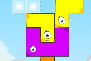 Blocoș galbeni și mov cu fețe amuzante aranjate într-un puzzle plutitor pe fundal albastru