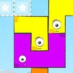 Blocoș galbeni și mov cu fețe amuzante aranjate într-un puzzle plutitor pe fundal albastru