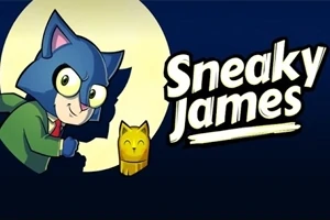 Pisică desenată animat purtând un costum verde, ținând o statuetă aurie, cu un fundal albastru și un text alb care scrie Sneaky James