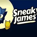Pisică desenată animat purtând un costum verde, ținând o statuetă aurie, cu un fundal albastru și un text alb care scrie Sneaky James