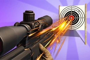 Pușcă de lunetist vizând o țintă circulară cu efecte vizuale de scântei și impact