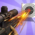 Pușcă de lunetist vizând o țintă circulară cu efecte vizuale de scântei și impact