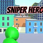 Personaj verde țintind cu o pușcă într-un peisaj urban cu clădiri în fundal și text SNIPER HERO deasupra
