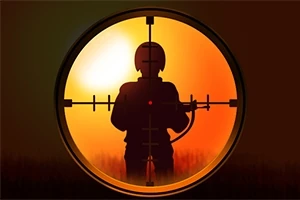 Siluetă de soldat văzută printr-o lunetă de pușcă, cu un apus de soare în fundal