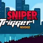 Un personaj stilizat, îmbrăcat în negru și cu o bandană roșie, ține o pușcă într-un peisaj urban albastru, cu siluete de clădiri pe fundal și textul Sniper Trigger Revenge