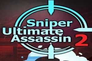 Textul Sniper Ultimate Assassin 2 suprapus pe un fundal întunecat cu un design de țintă stilizat