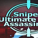 Textul Sniper Ultimate Assassin 2 suprapus pe un fundal întunecat cu un design de țintă stilizat