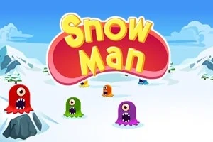 Text colorat Snow Man într-un peisaj de iarnă alături de personaje monstru amuzante și colorate pe zăpadă
