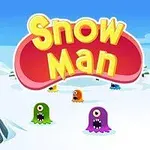 Text colorat Snow Man într-un peisaj de iarnă alături de personaje monstru amuzante și colorate pe zăpadă
