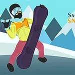 Snowboarder în echipament colorat pe fundal de munți zimțați, cu text alături