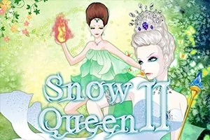 Două personaje feminine, una cu păr alb și coroană, iar cealaltă cu rochie verde și flăcări în mână, pe un fundal de iarnă și vegetație, cu titlul Snow Queen II în față