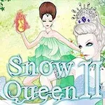 Două personaje feminine, una cu păr alb și coroană, iar cealaltă cu rochie verde și flăcări în mână, pe un fundal de iarnă și vegetație, cu titlul Snow Queen II în față