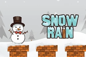 Om de zăpadă cu pălărie și papion pe un perete de cărămidă, cu fundal de iarnă și text Snow Rain