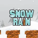 Om de zăpadă cu pălărie și papion pe un perete de cărămidă, cu fundal de iarnă și text Snow Rain