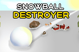 Un bulgăre mare de zăpadă se rostogolește, lovind un om de zăpadă și alte obiecte pe o pantă, cu titlul Snowball Destroyer deasupra