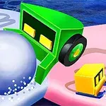 Un vehicul verde împinge un bulgăre de zăpadă mare pe o suprafață colorată, alături de două vehicule galbene mai mici