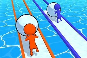 Două personaje colorate în portocaliu și albastru împing bile albe pe două piste paralele deasupra apei albastre