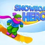 Personaj animat colorat pe un snowboard galben alunecând pe o pârtie de zăpadă, cu text stilizat în fundal și brazi înzăpeziți