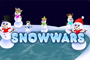 O imagine cu șase oameni de zăpadă purtând diverse accesorii precum pălării și coroane, așezați pe un fundal de iarnă cu cuvântul SNOWWARS scris în litere mari de gheață