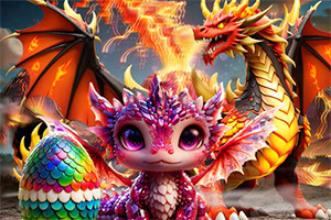 Dragon pui colorat în fața unui dragon adult care scuipă flăcări, alături de un ou multicolor