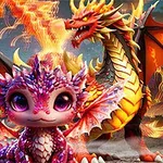 Dragon pui colorat în fața unui dragon adult care scuipă flăcări, alături de un ou multicolor