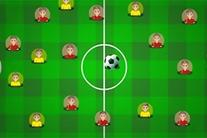 Reprezentare grafică a unui teren de fotbal cu jucători în tricouri roșii și galbene și minge în centru