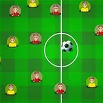 Reprezentare grafică a unui teren de fotbal cu jucători în tricouri roșii și galbene și minge în centru