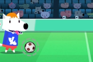 Un câine desenat animat jucând fotbal pe un teren verde, cu tribune pline de animale în fundal