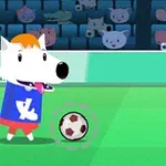 Un câine desenat animat jucând fotbal pe un teren verde, cu tribune pline de animale în fundal