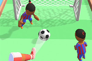 Două personaje animate, îmbrăcate în dungi verticale albastre și roșii, într-un teren de fotbal, cu o minge alb-negru în apropierea unei porți