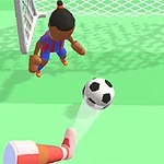 Două personaje animate, îmbrăcate în dungi verticale albastre și roșii, într-un teren de fotbal, cu o minge alb-negru în apropierea unei porți