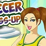 Fată animată zâmbitoare cu păr castaniu purtând un tricou sport galben, alături de textul Soccer Dress-Up