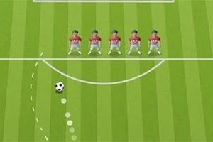 Cinci jucători de fotbal în tricouri roșii formează un zid defensiv, în timp ce un balon este pregătit pentru a fi șutat pe un teren de fotbal