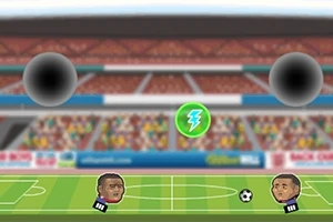Două personaje animate pe un teren de fotbal, cu o minge și elemente vizuale de putere în fundal