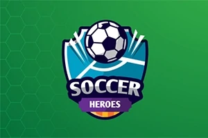 Siglă albastră și verde cu o minge de fotbal deasupra cuvintelor „Soccer Heroes” pe un fundal verde
