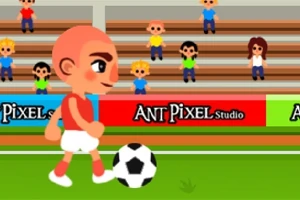 Personaj animat cu mingea de fotbal pe teren, cu spectatori pe bănci în fundal