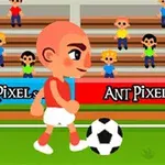 Personaj animat cu mingea de fotbal pe teren, cu spectatori pe bănci în fundal
