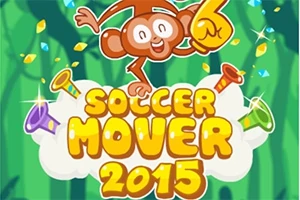 Maimuță animată cu o mână de spumă galbenă, înconjurată de confetti și trompete, deasupra textului „Soccer Mover 2015”